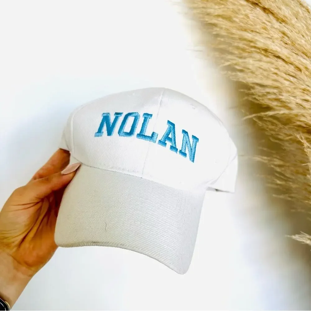 VINTAGE White Blue Nolan Lettered Stitched Hook Loop Adjustable Baseball Hat
